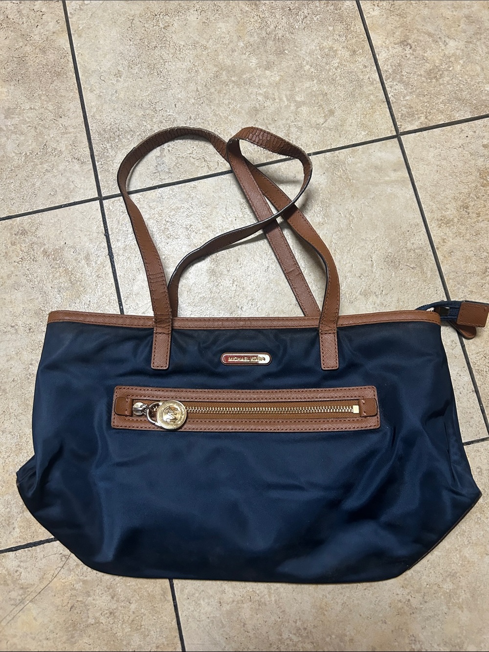 Michael Kors Navy Tote with Brown Trim and Gold Hardware